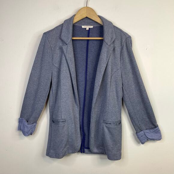 Skies are Blue Asa Stretch Knit Open Jacket Blazer Chambray Blue Cuffed women L - Picture 1 of 13